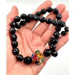 Vintage Faceted Black Glass Beads With Multi Color Rhinestones Pendant